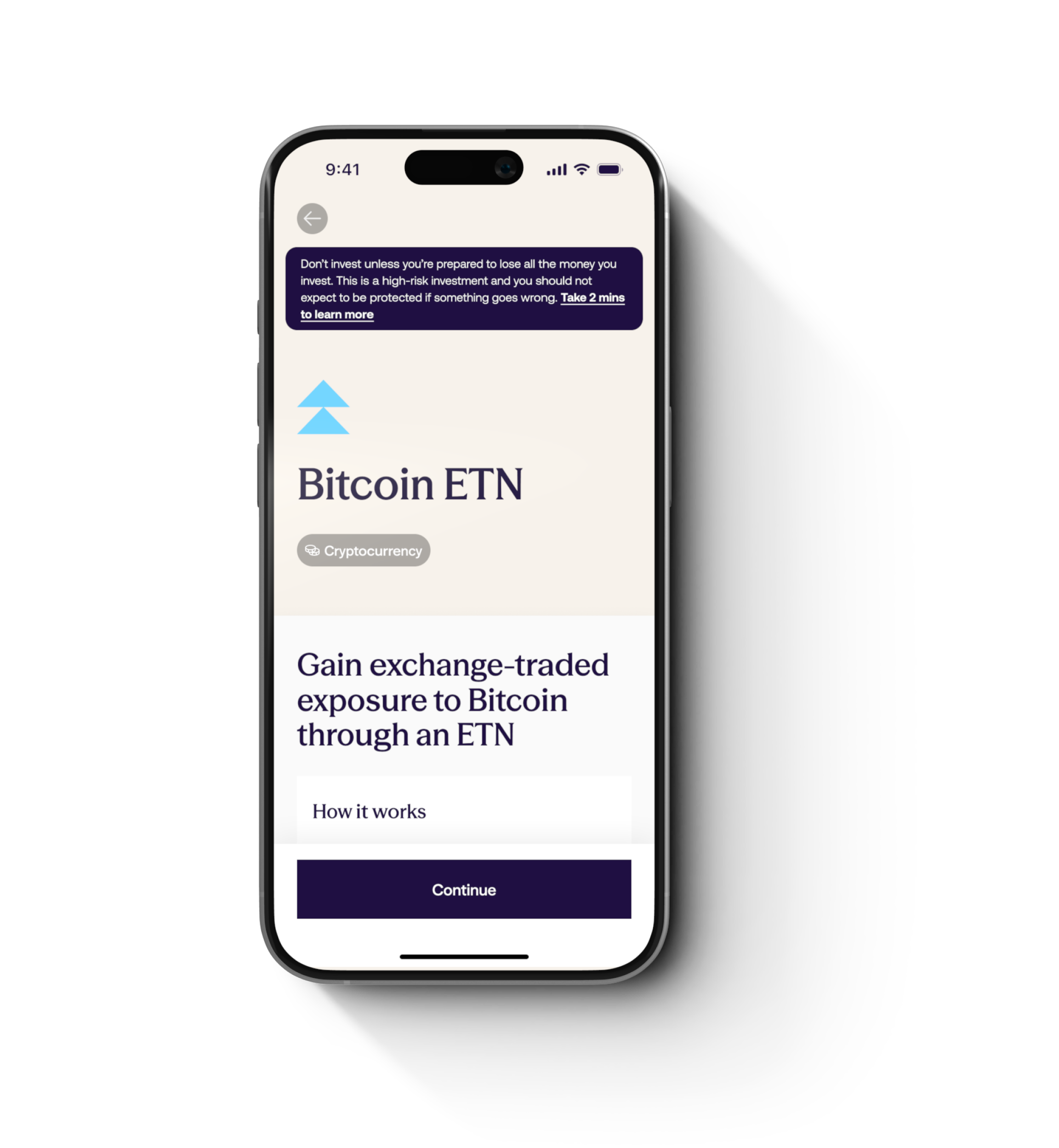 Sidekick app showing Bitcoin ETN product screen explaining exchange-traded exposure to Bitcoin