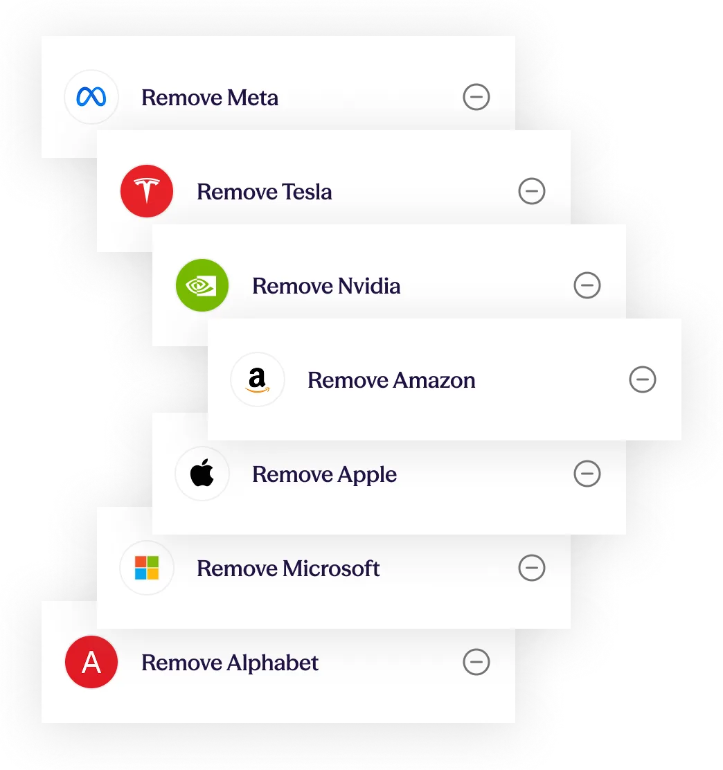 Stacked stock removal cards showing options to exclude Meta, Tesla, Nvidia, Amazon, Apple, Microsoft, and Alphabet from the Custom Index