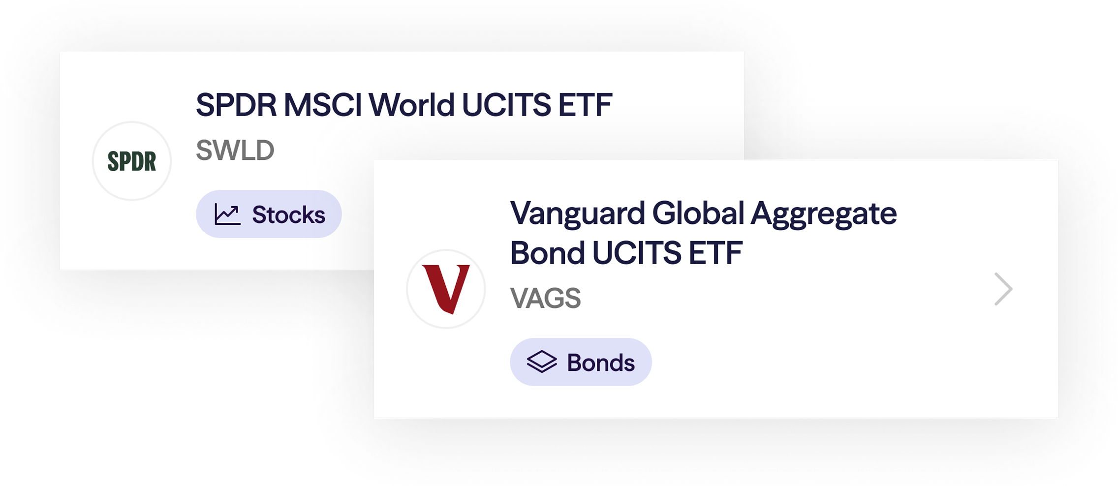 SPDR MSCI World UCITS ETF and Vanguard Global Aggregate Bond UCITS ETF fund cards showing Stocks and Bonds labels