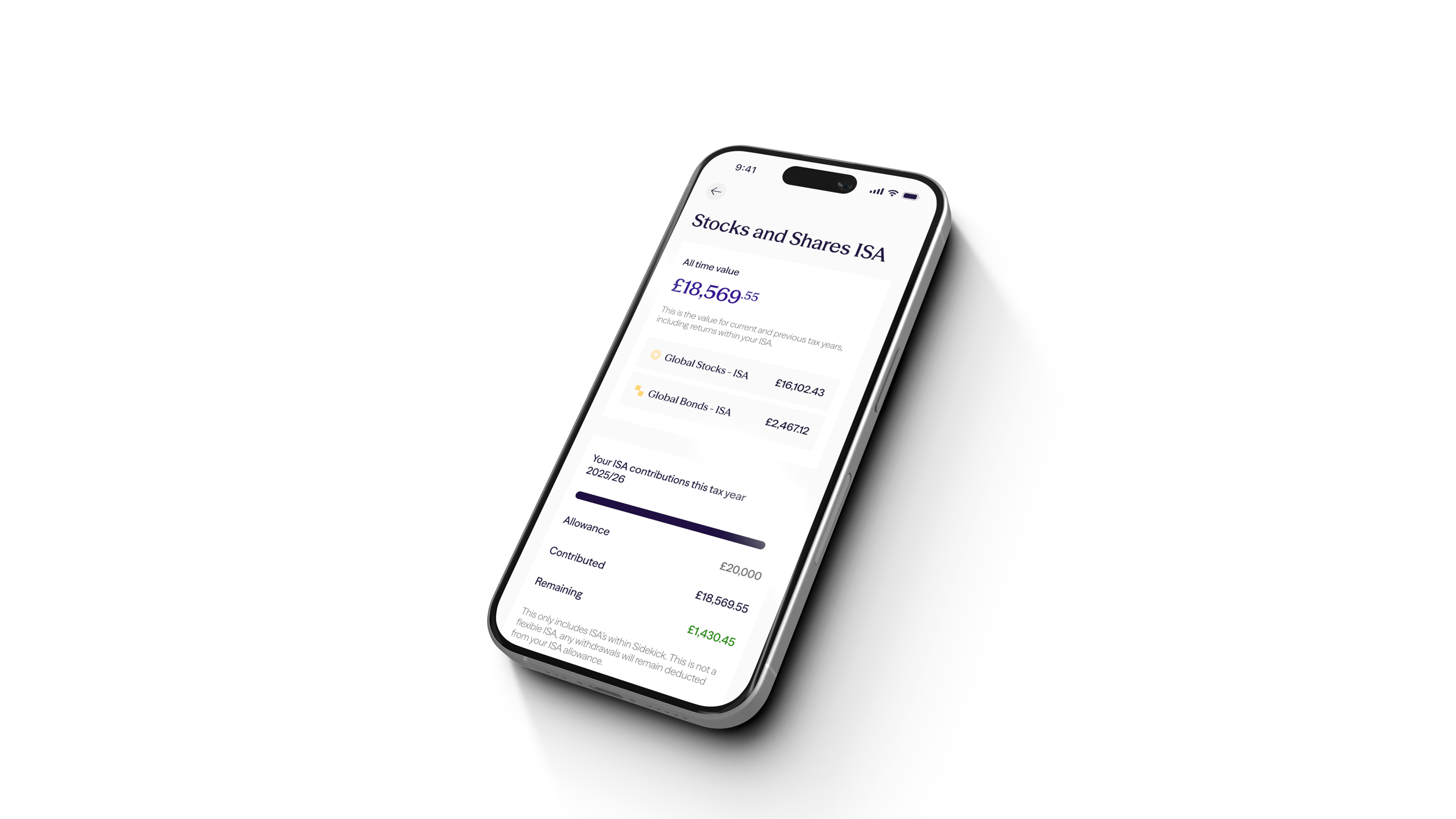 Sidekick app displaying Stocks and Shares ISA screen with account balance