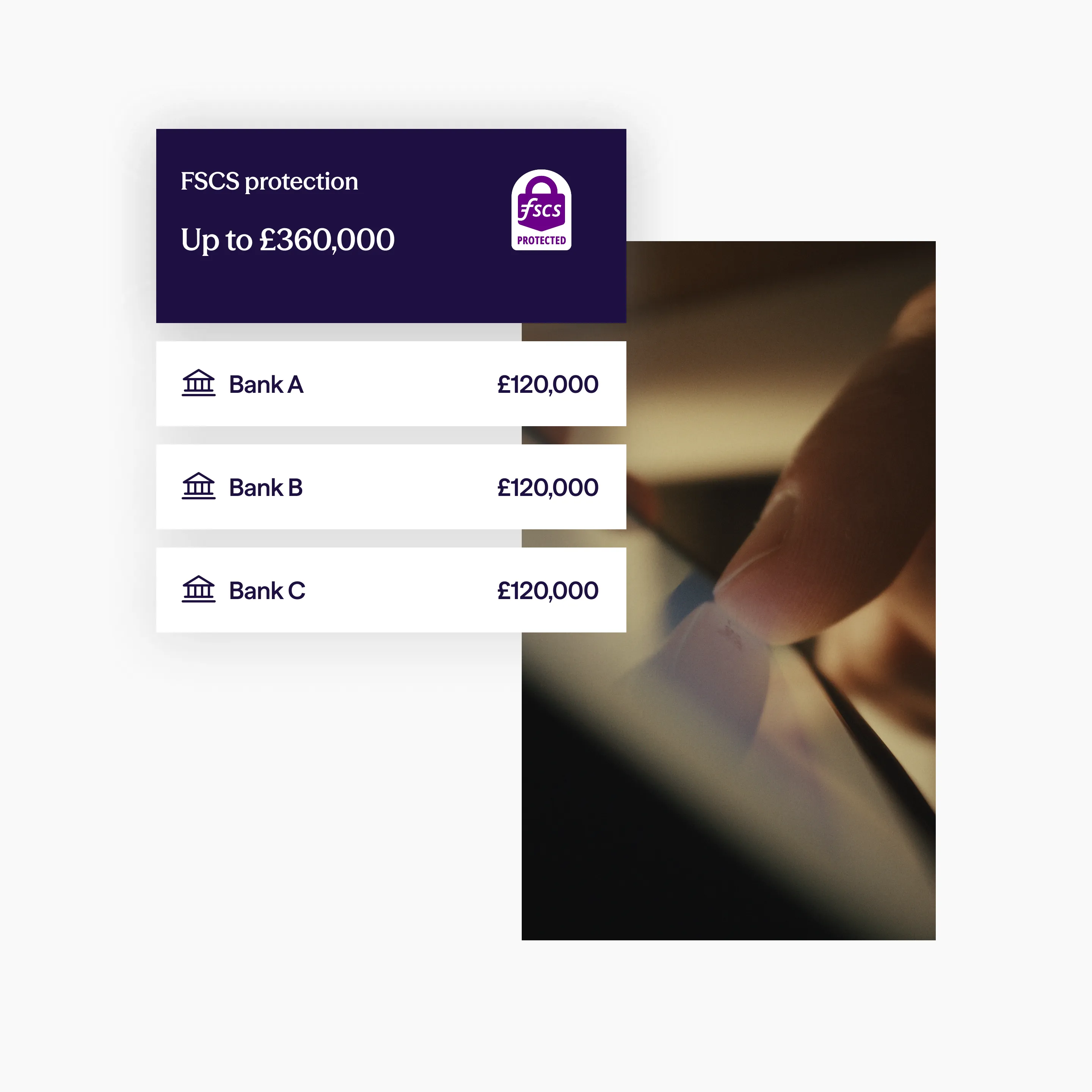 FSCS protection card showing up to £360,000 coverage across three banks at £120,000 each