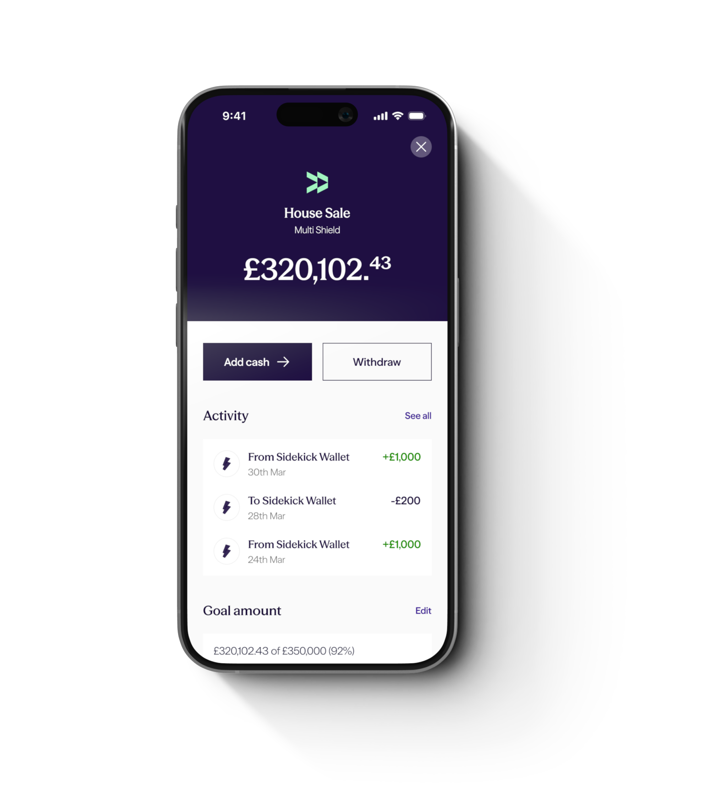 Sidekick app showing Multi Shield savings account with £320,102.43 balance and transaction activity