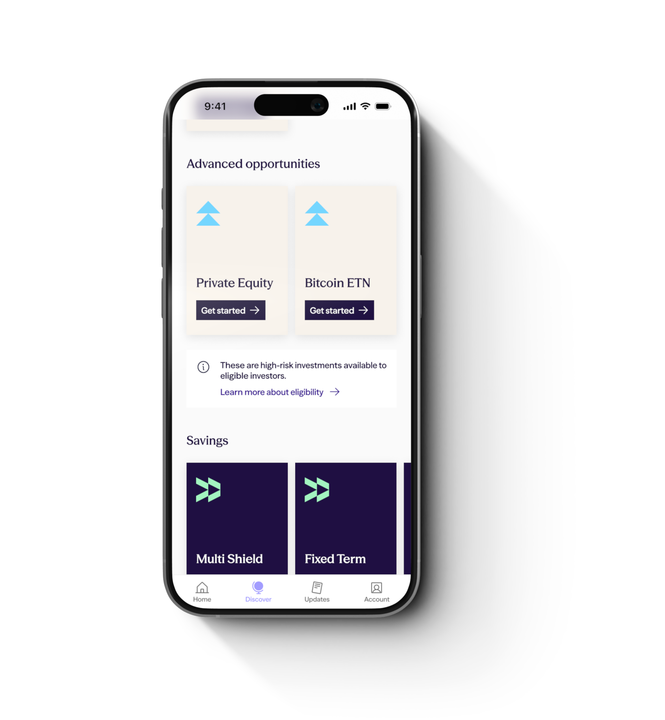 Sidekick app showing Advanced Opportunities screen with Private Equity, Bitcoin ETN, Multi Shield, and Fixed Term products