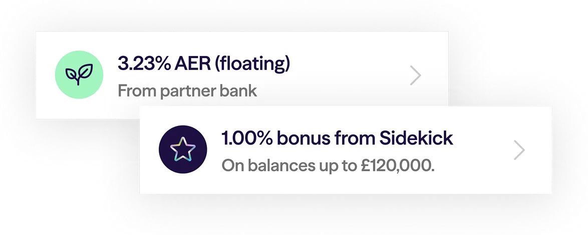 Sidekick Easy Access savings card showing 3.23% AER floating rate with a 1.00% Sidekick bonus up to £120,000