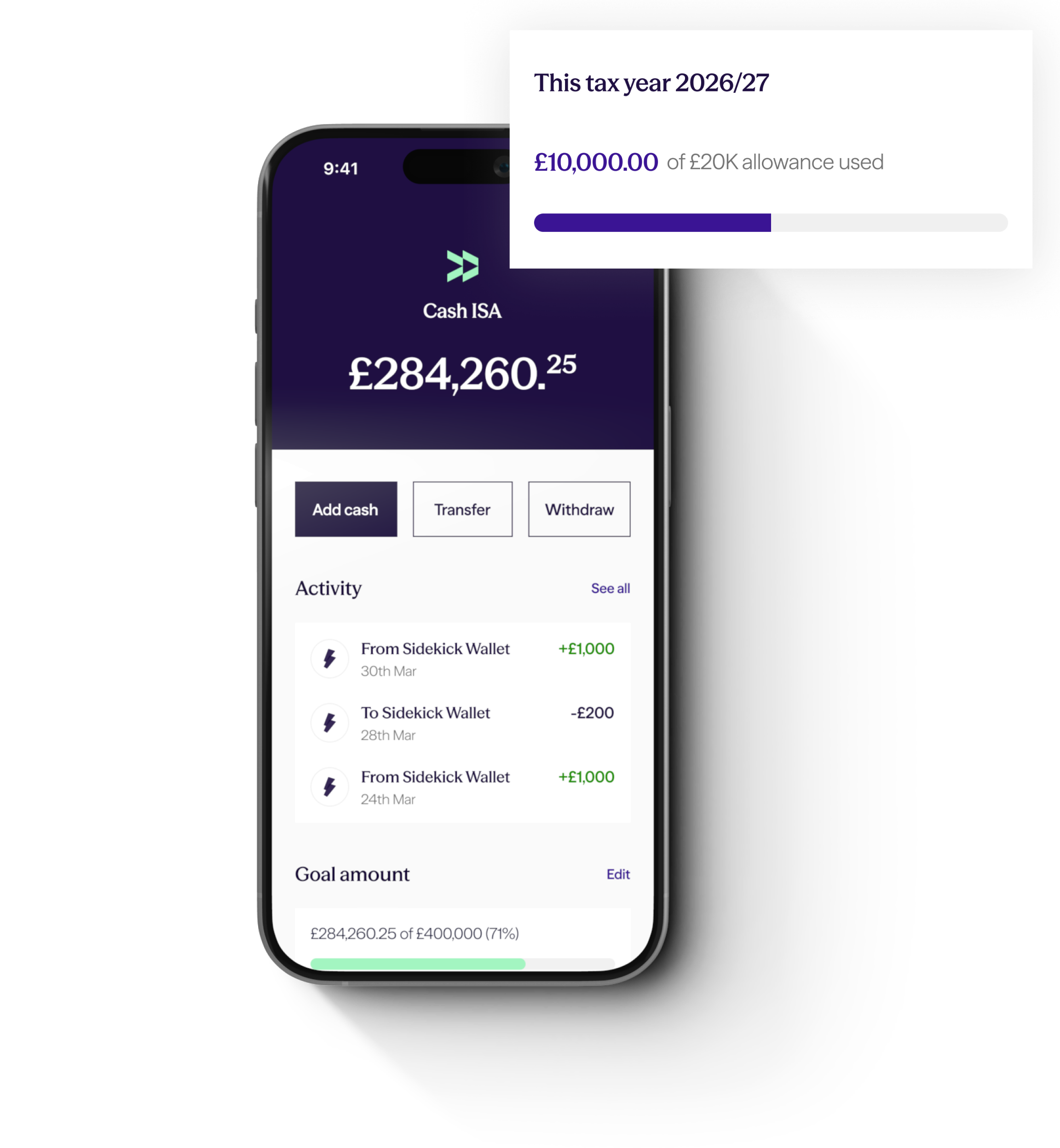 Sidekick app showing a Cash ISA account with ISA allowance tracker