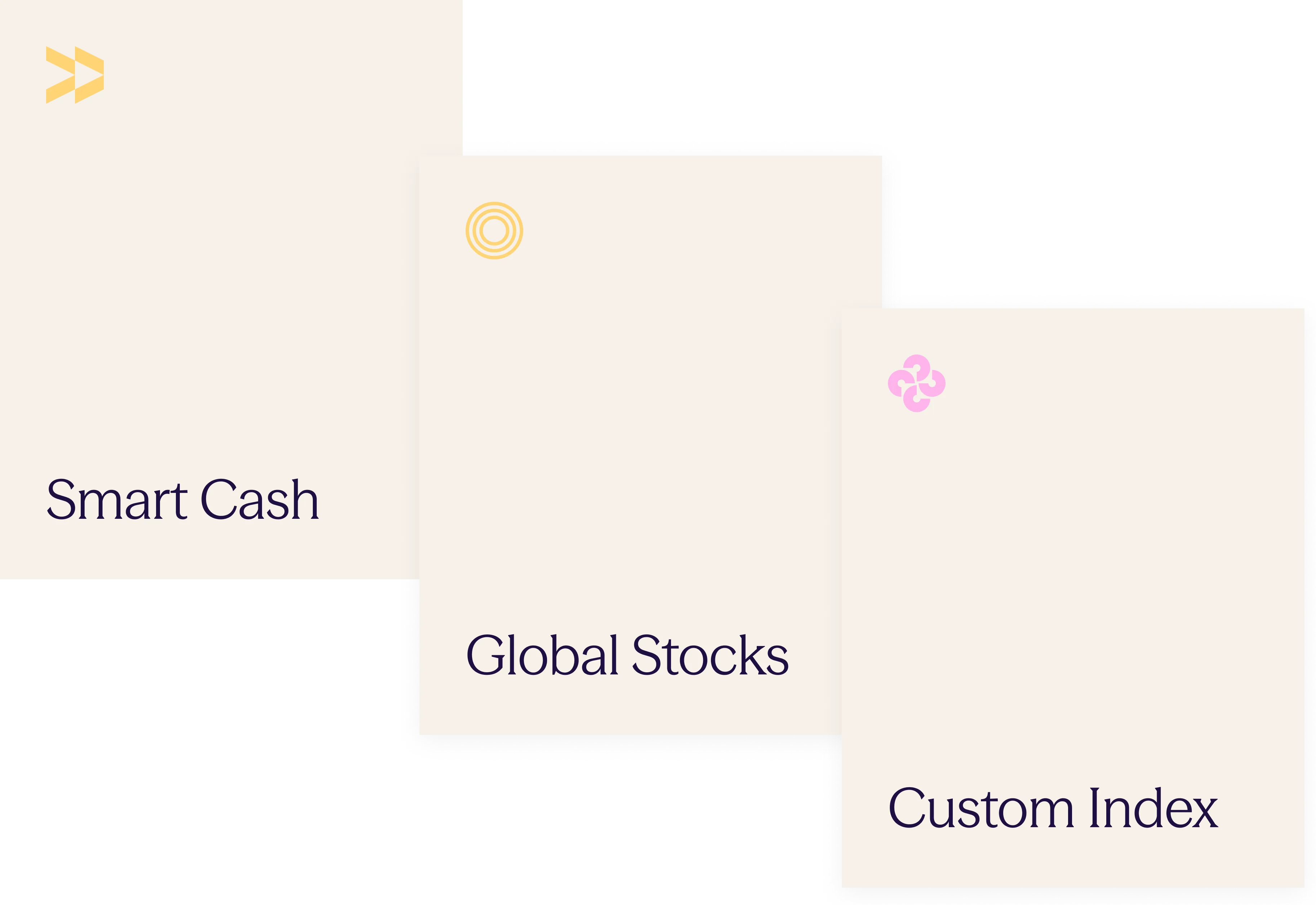 Three stacked Sidekick product cards showing Smart Cash, Global Stocks, and Custom Index on cream backgrounds