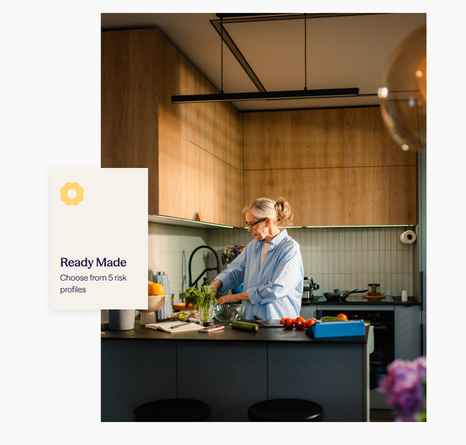 Ready Made card floating in front of a woman cooking in a modern kitchen