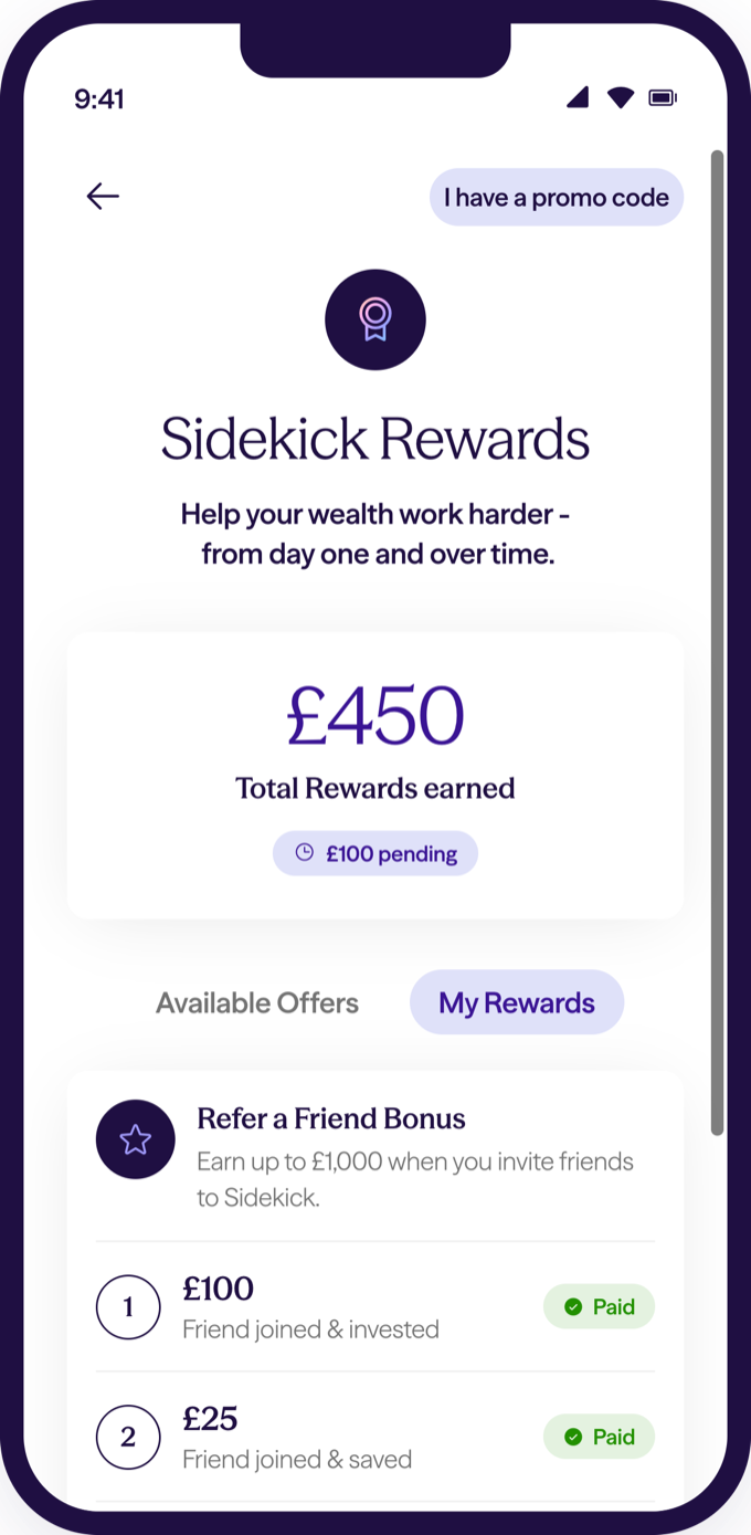 The Sidekick app Rewards screen showing the Refer a Friend bonus